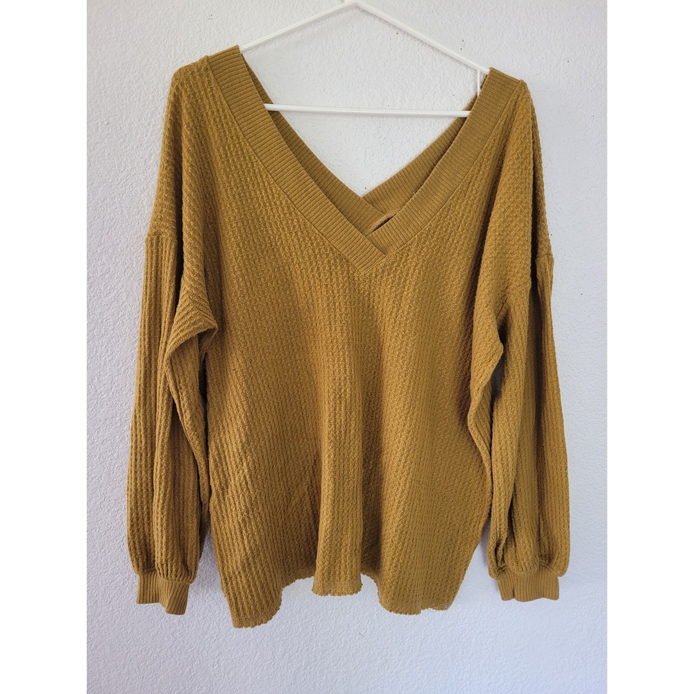Project Social‎ T V-Neck Waffle Knit Long Sleeve Pullover Top Mustard Medium #18